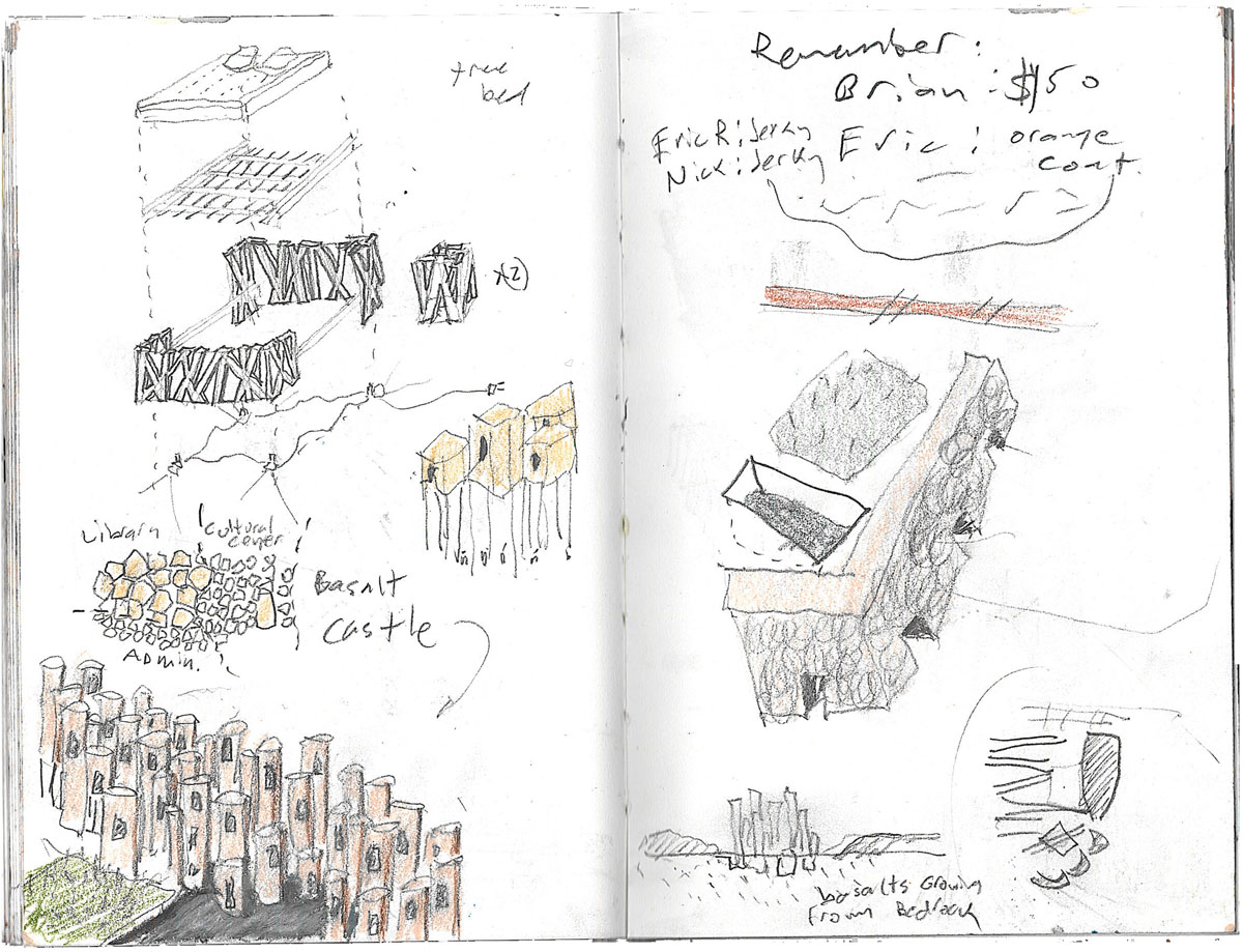 Group of sketches in a sketchbook showing various configurations of basalt columns for the Irish library design competition.