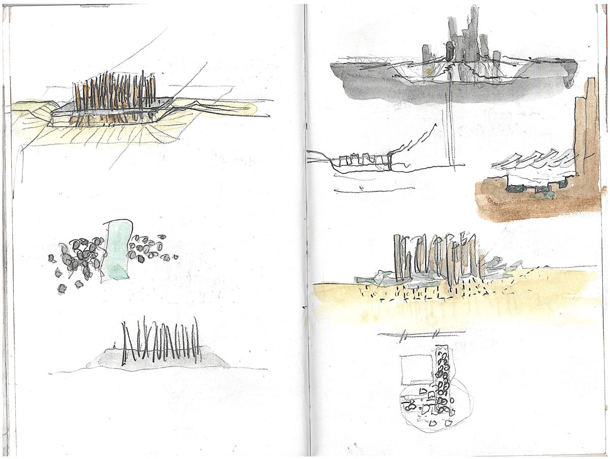 Group of sketches in a sketchbook showing various configurations of basalt columns for the Irish library design competition.