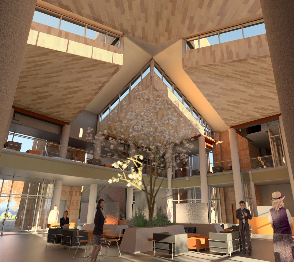 3D computer model of the interior atrium for the campus starter concept building.
