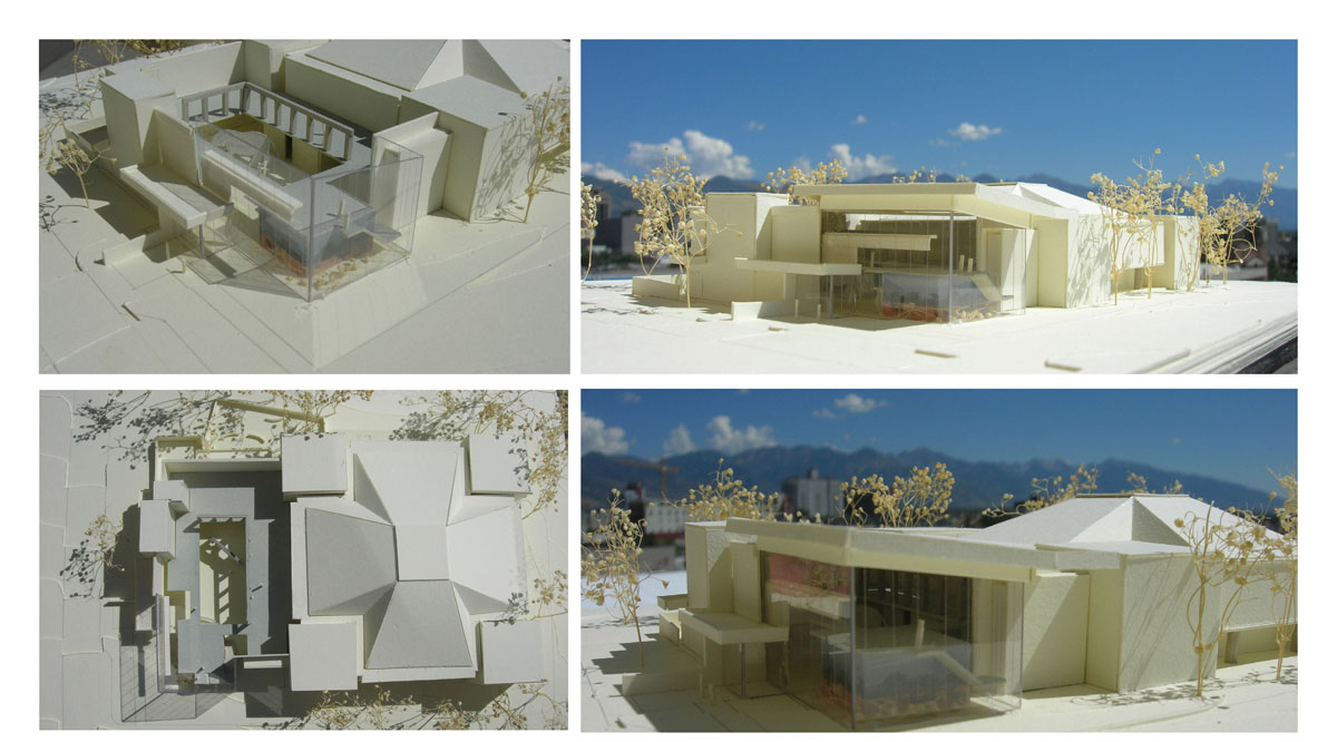 Collage of scale models showing different angles for the classical modern museum design.