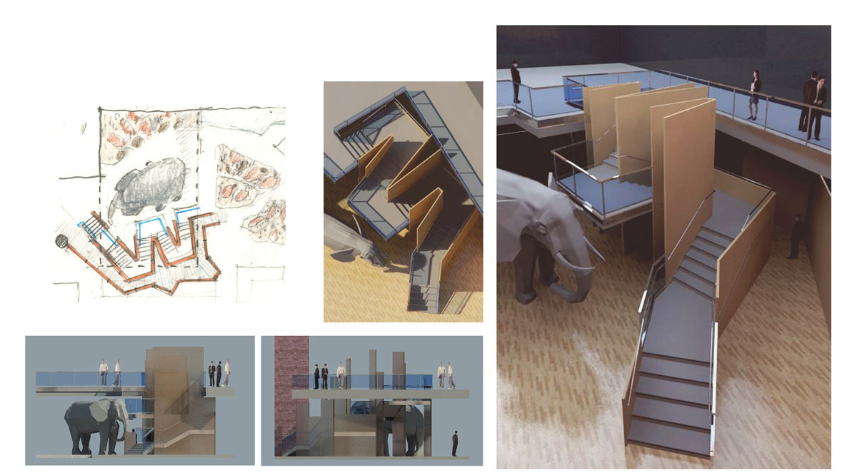 Collage of concept sketches and 3D renderings of elephant and adjacent stair placement.