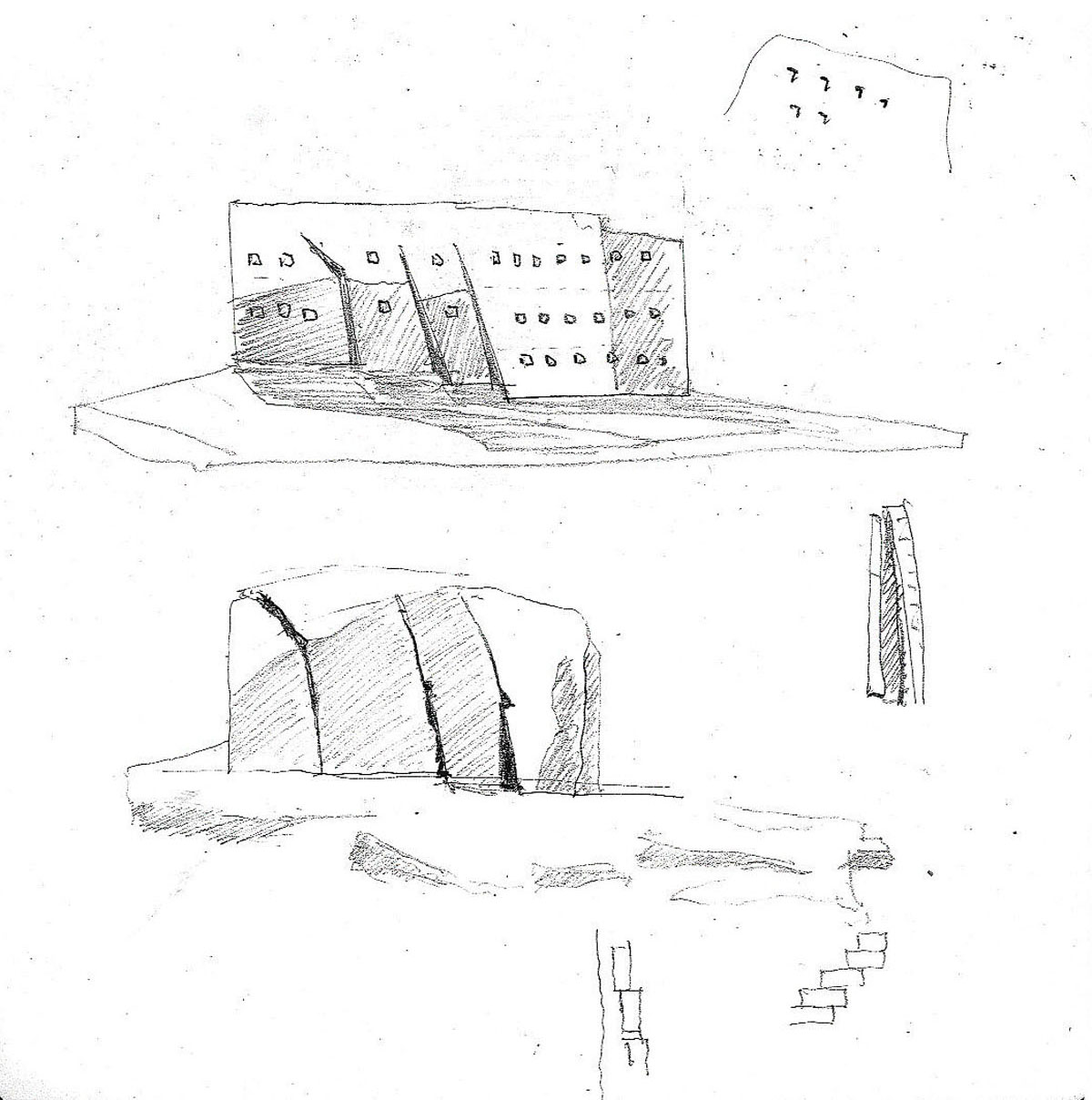 Sketch of possible building exteriors with the design inspired by nature.