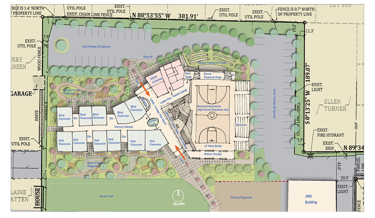 Site plan showing a possible building and parking lot layout.