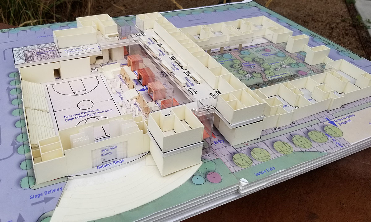 A detailed scale model of the layout for the sensory design of the school for the deaf and the blind.