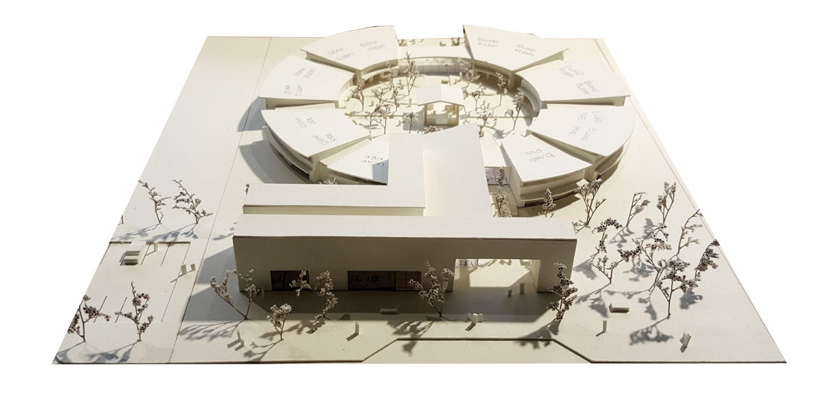 Aerial image of the early "Q" model concept for the deaf and blind education school.