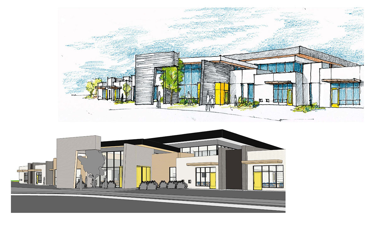 Hand-drawn exterior sketch of deaf and blind education school design above with a computer rendering of the sketch below.